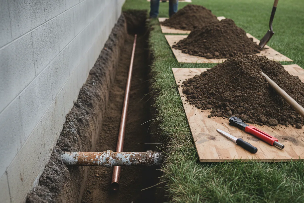 Excavated water line trench during Water Softener Installation in Elberon